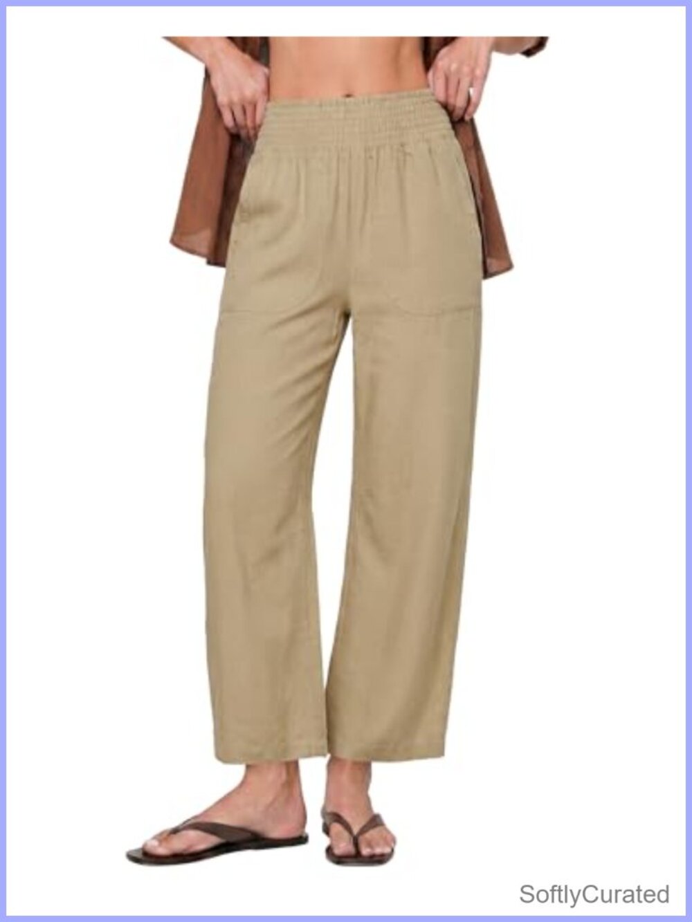 Wide Leg High Waist Linen Crop Pants Pull On Smocked Waist